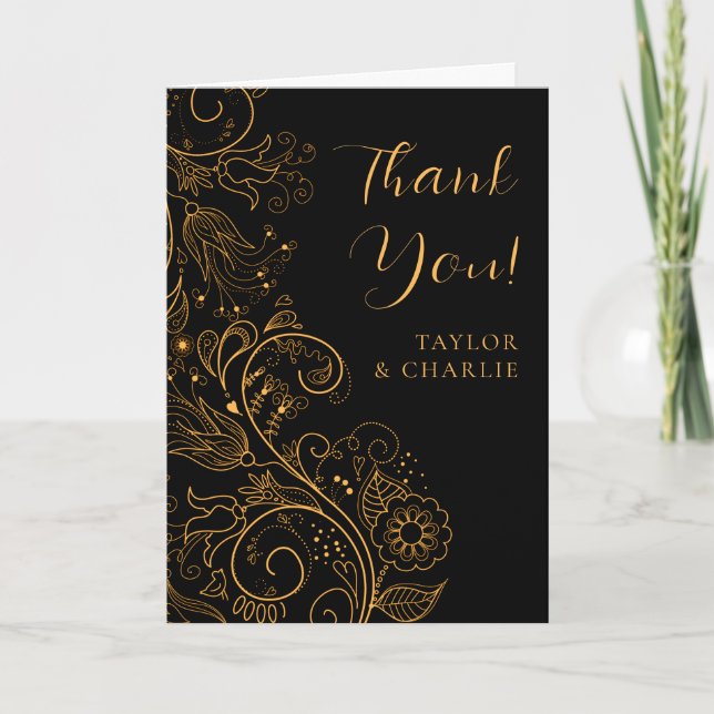Gold and Black Elegant Floral Wedding Thank You Card (Front)
