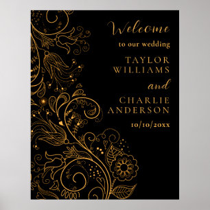 Gold and Black Elegant Floral Wedding Welcome Poster