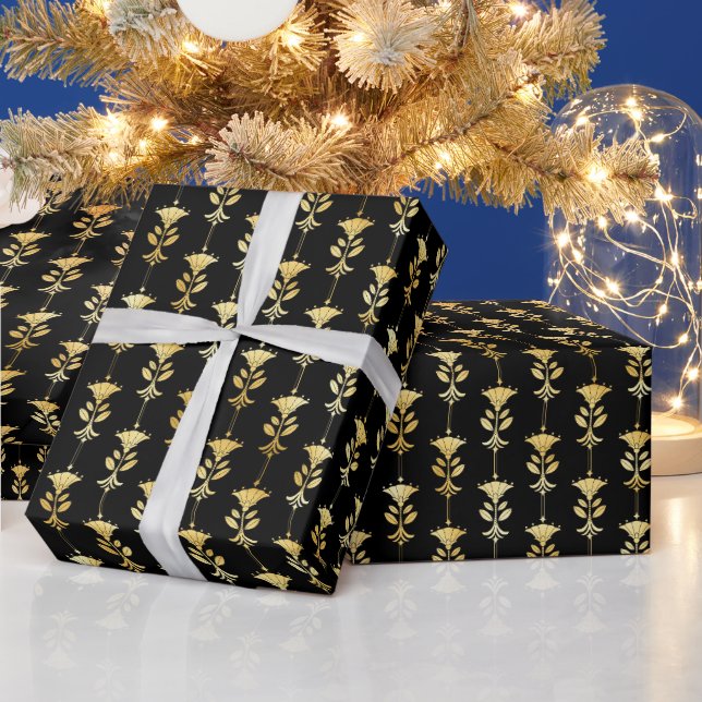 Gold and Black Floral Art Deco Pattern Wrapping Paper (Holidays)