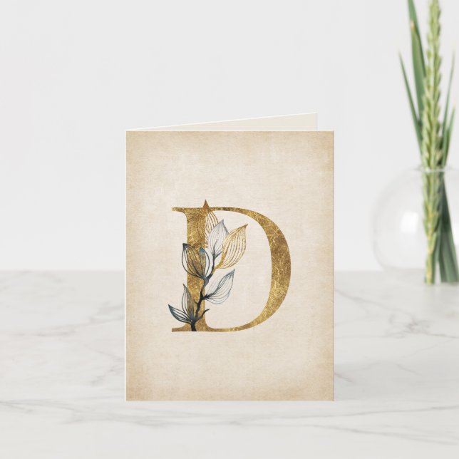 Gold and Black Floral D Monogram With Leaves Note Card (Front)
