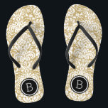 Gold and Black Floral Damask Monogram Jandals<br><div class="desc">Custom printed flip flop sandals with a stylish elegant floral damask pattern and your custom monogram or other text in a circle frame. Click Customise It to change text fonts and colours or add your own images to create a unique one of a kind design!</div>