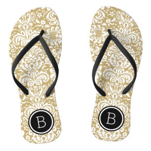 Gold and Black Floral Damask Monogram Jandals