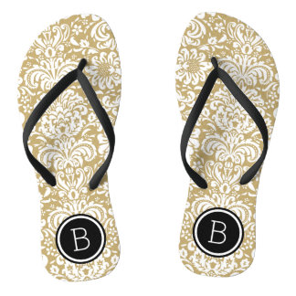Gold and Black Floral Damask Monogram Jandals