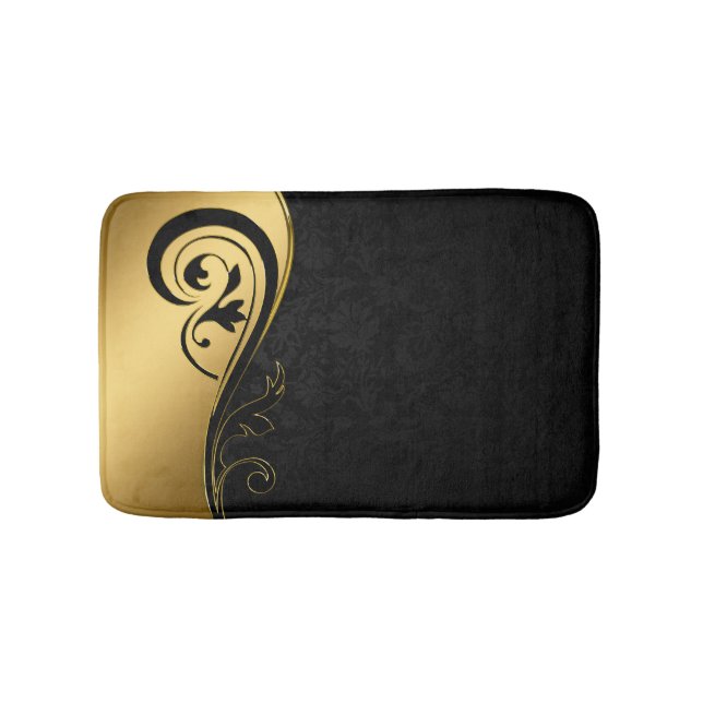 Gold and Black Floral Design Bath Mat (Front)