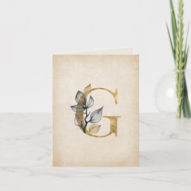 Gold and Black Floral G Monogram With Leaves Note Card (Front)
