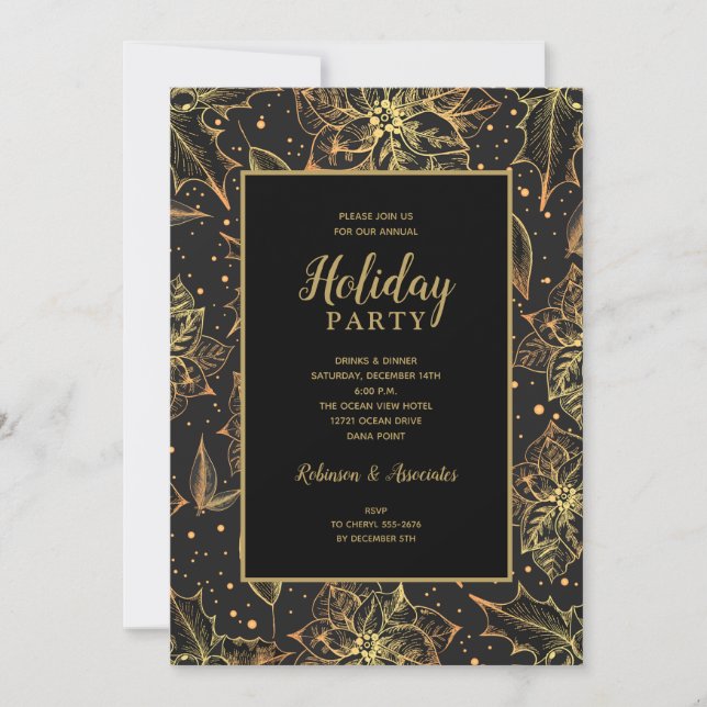 Gold and Black Floral Holiday Party Invitation (Front)