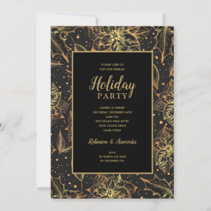 Gold and Black Floral Holiday Party Invitation