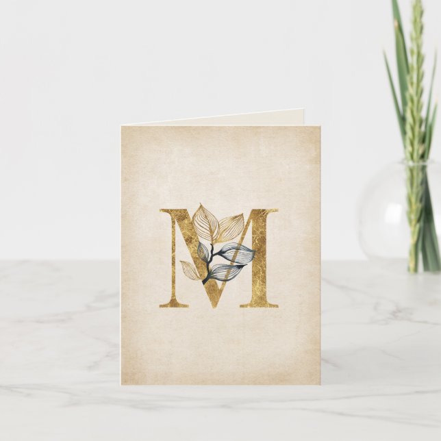 Gold and Black Floral M Monogram On With Leaves Note Card (Front)