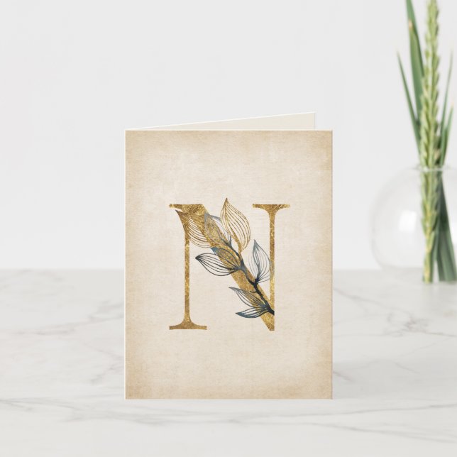 Gold and Black Floral N Monogram With Leaves Note Card (Front)
