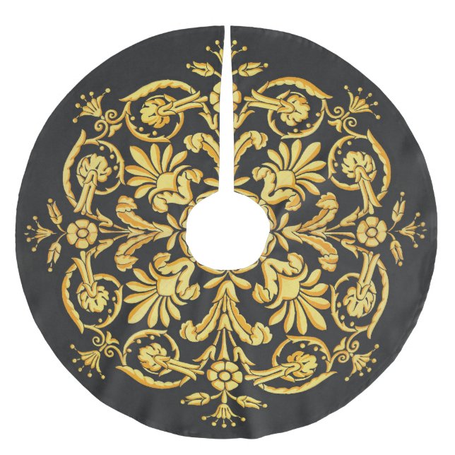 Gold And Black Floral Pattern Brushed Polyester Tree Skirt (Front)