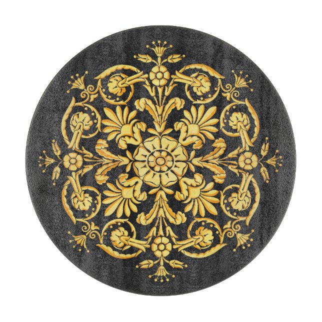 Gold And Black Floral Pattern Cutting Board (Front)