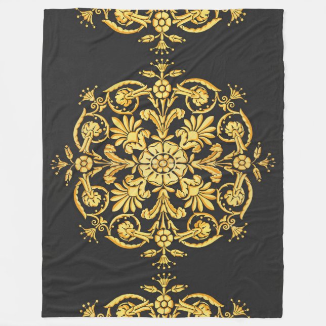 Gold And Black Floral Pattern Fleece Blanket (Front)