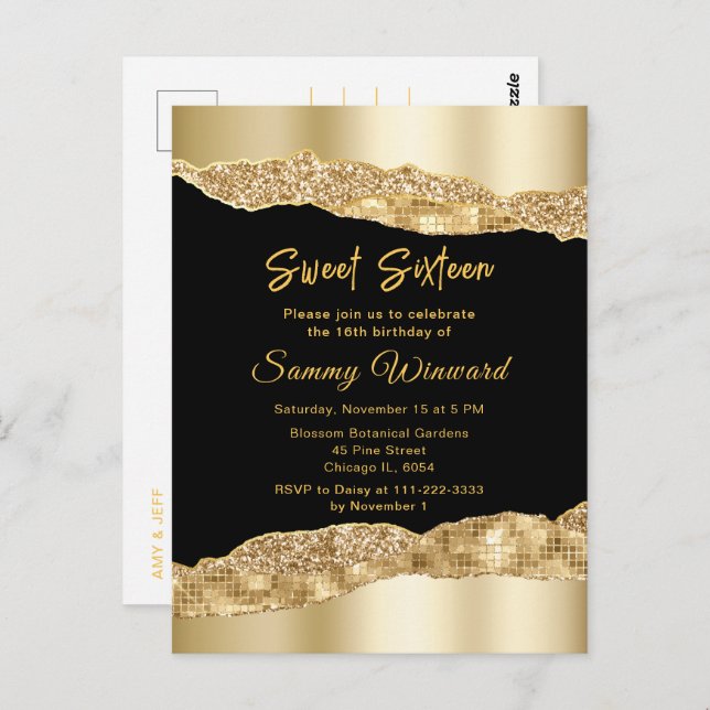 Gold and Black Glam Tears Sweet Sixteen Postcard (Front/Back)
