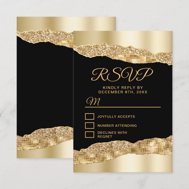 Gold and Black Glam Tears Sweet Sixteen RSVP Card (Front/Back)