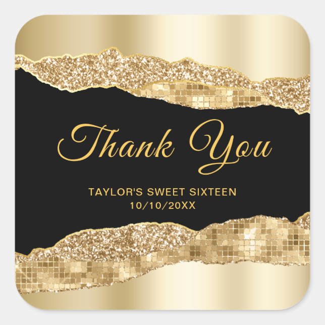 Gold and Black Glam Tears Sweet Sixteen Thank You Square Sticker (Front)