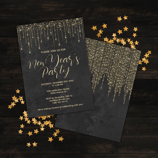 Gold And Black Glitter New Year's Party  Invitation (Creator Uploaded)