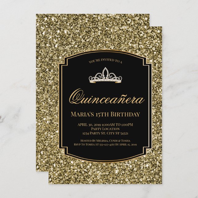 Gold and Black Glitter Quinceañera Invitations (Front/Back)
