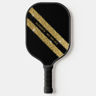 Gold and Black Glitter Sport Stripe Personalised Pickleball Paddle
