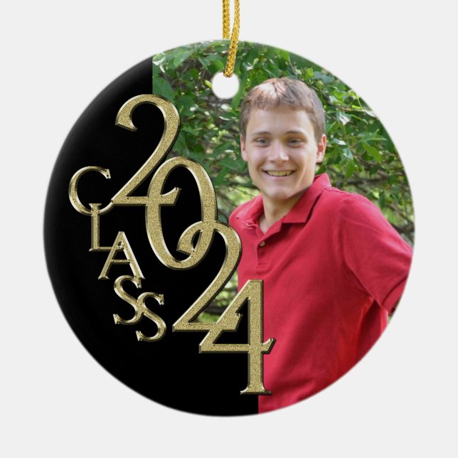 Gold and Black Graduation Class of 2024 Photo Ceramic Tree Decoration (Front)