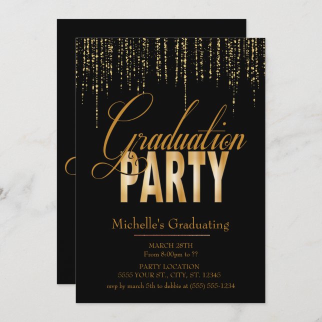 Gold and Black Graduation Party Invitations (Front/Back)