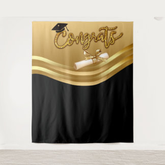 Gold and BlacK Graduation Photo Backdrop Tapestry
