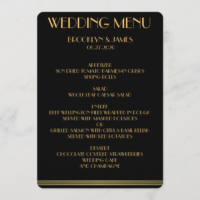 Gold And Black Great Gatsby Wedding Menu (Front)