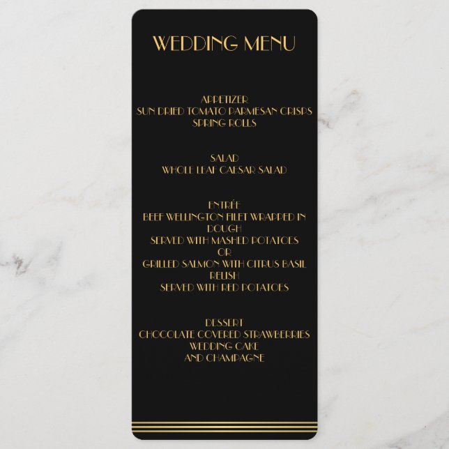 Gold And Black Great Gatsby Wedding Menu (Front)