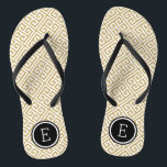 Gold and Black Greek Key Monogram Jandals<br><div class="desc">Custom printed flip flop sandals with a stylish modern Greek key pattern and your custom monogram or other text in a circle frame. Click Customise It to change text fonts and colours or add your own images to create a unique one of a kind design!</div>