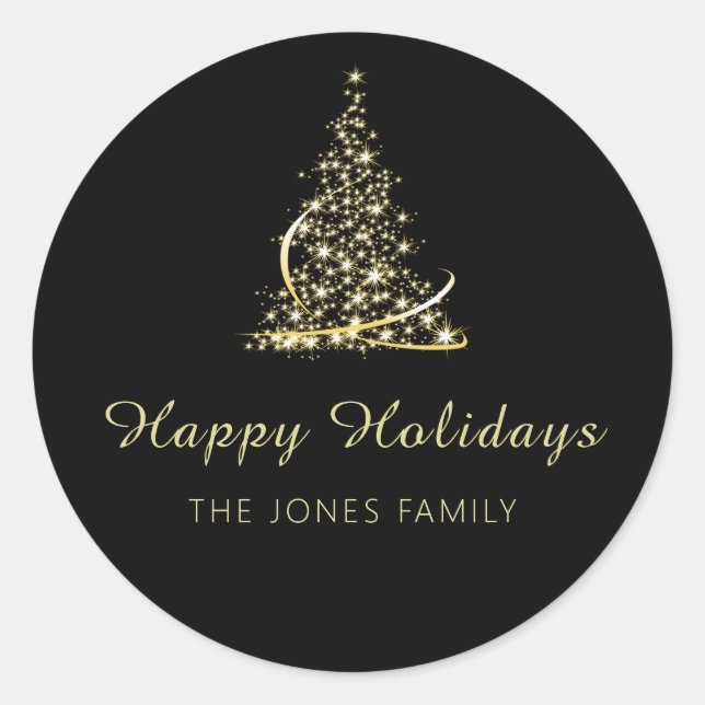 Gold and Black Happy Holidays Christmas Tree Classic Round Sticker (Front)
