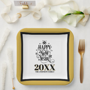 Gold and Black Happy New Year Paper Plate
