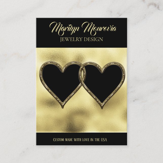 Gold and Black Hearts Earring Display QR Code Bus Business Card (Front)