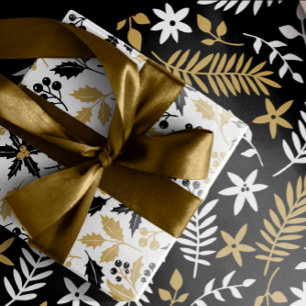 Gold and Black Holly Berries Leaves Christmas Wrapping Paper Sheet