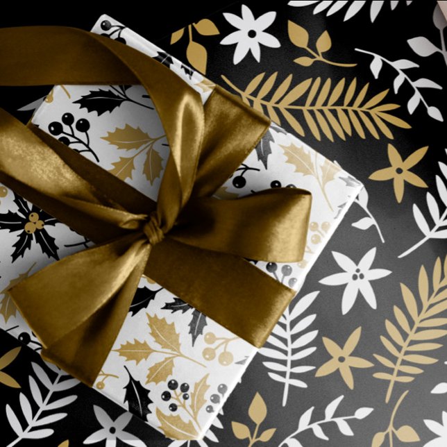 Gold and Black Holly Berries Leaves Christmas Wrapping Paper Sheet (Creator Uploaded)