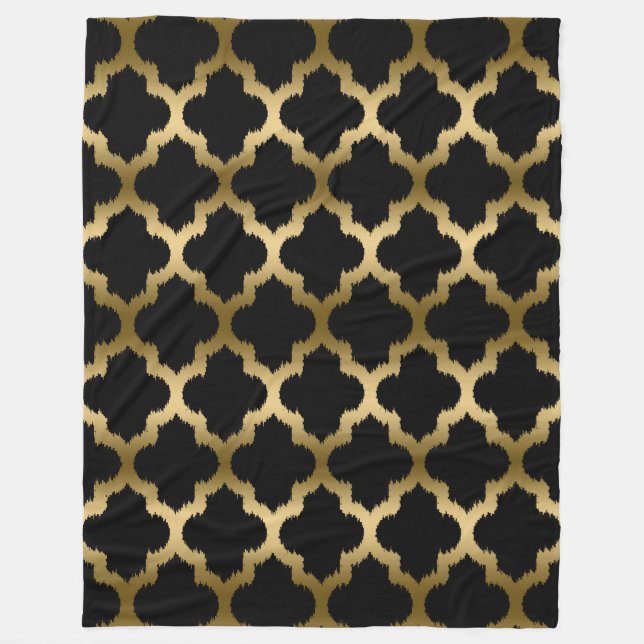 Gold And Black Ikat Quatrefoil Geometric Pattern Fleece Blanket (Front)