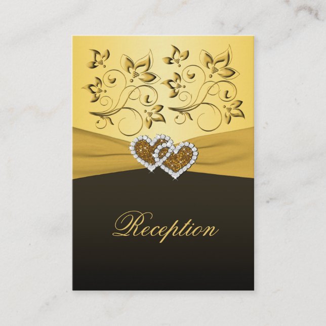 Gold and Black Joined Hearts Reception Card (Front)