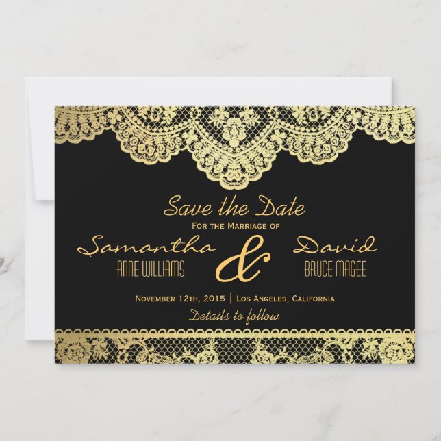 Gold and Black Lace Save the Date Invitation (Front)