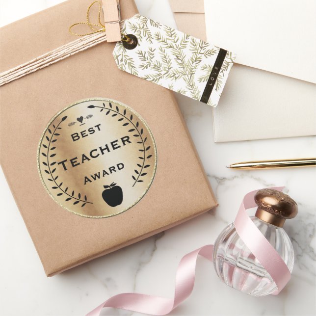 Gold and Black Laurel Wreath Best Teacher Award Classic Round Sticker (Gifting)