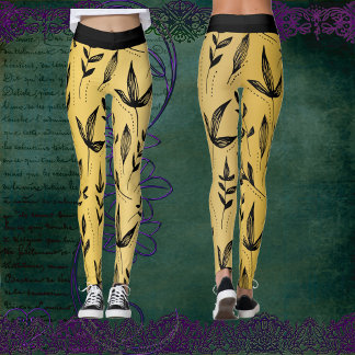 Gold and Black Leaves Chic Modern Art Minimalist Leggings