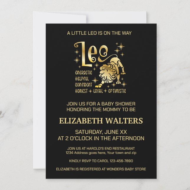 Gold and Black Leo Zodiac Baby Shower Invitation (Front)