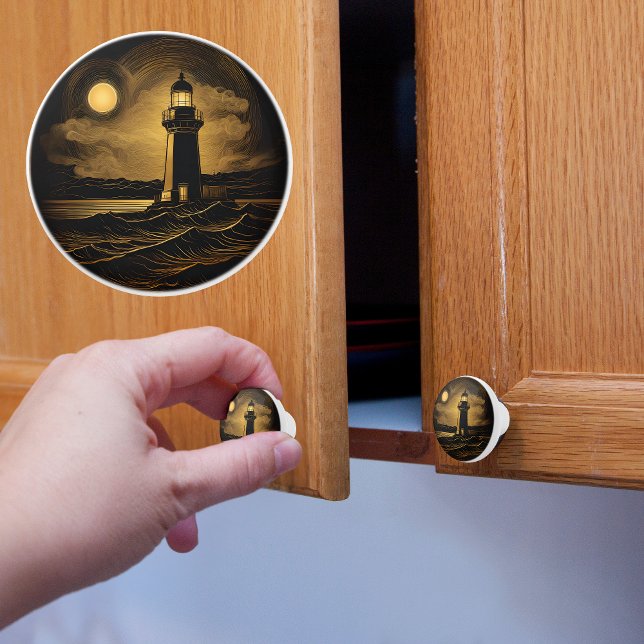 Gold and Black Lighthouse Under Moonlight Ceramic Knob (Creator Uploaded)