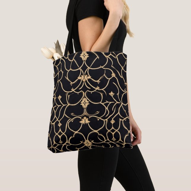 Gold and Black Line Pattern Tote Bag (Close Up)