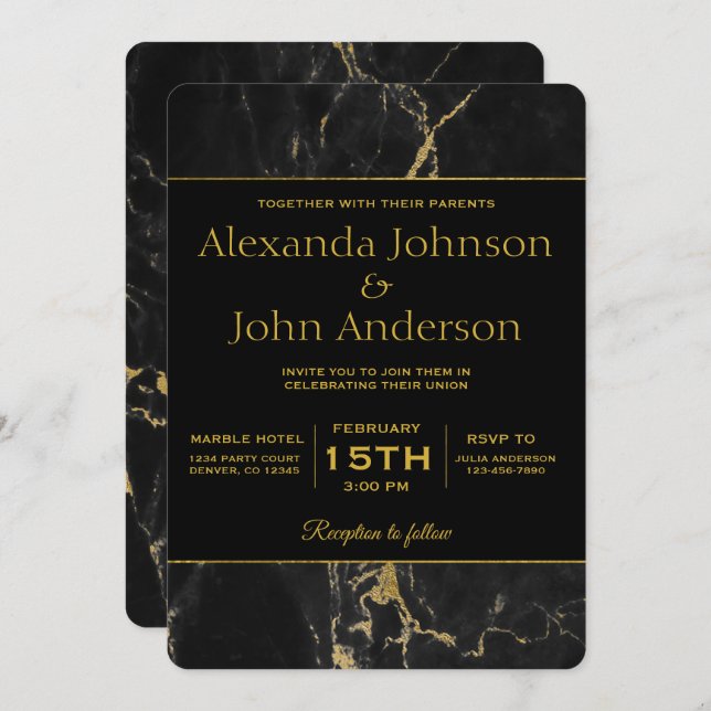 Gold and Black Marble Wedding Invitation (Front/Back)