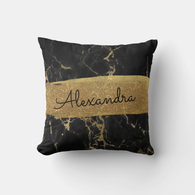 Gold and Black Marble with Gold Foil and Glitter Cushion (Front)