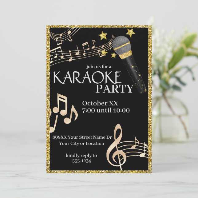 Gold and Black Microphone Music Karaoke Party Invitation (Standing Front)
