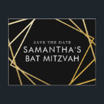 Gold and Black Modern Bat Mitzvah Save the Date Announcement Postcard<br><div class="desc">Modern, trendy, and elegant gold and black Bat Mitzvah save the date postcards with a unique geometric squares border. Easily personalise this affordable save the date for your Bat Mitzvah with custom name, date, and details of your fun and sophisticated celebration. All of the text is editable, so this design...</div>