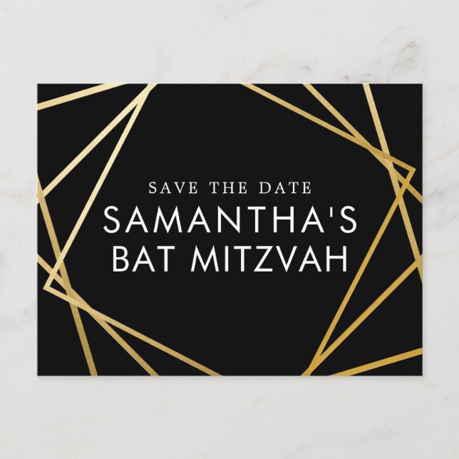 Gold and Black Modern Bat Mitzvah Save the Date Announcement Postcard (Front)