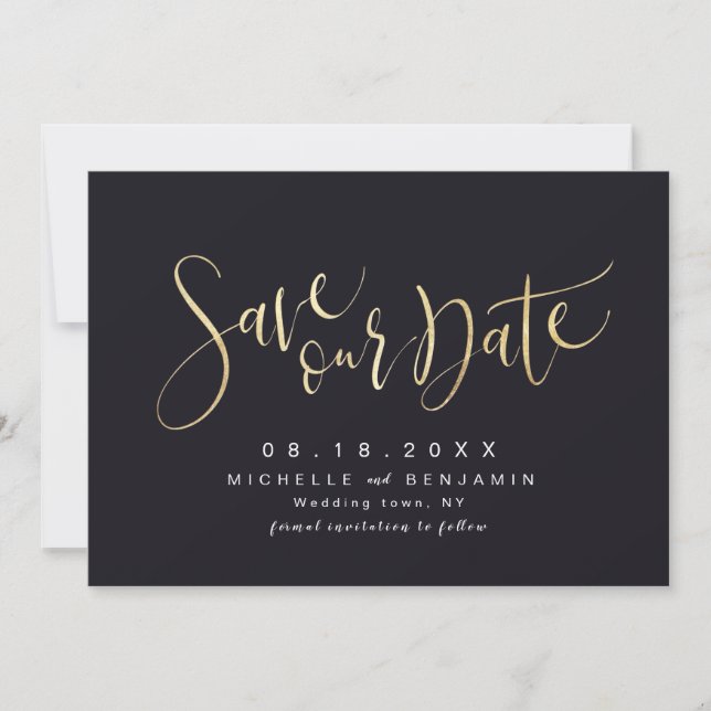 Gold and Black Modern Simple Script Save The Date (Front)