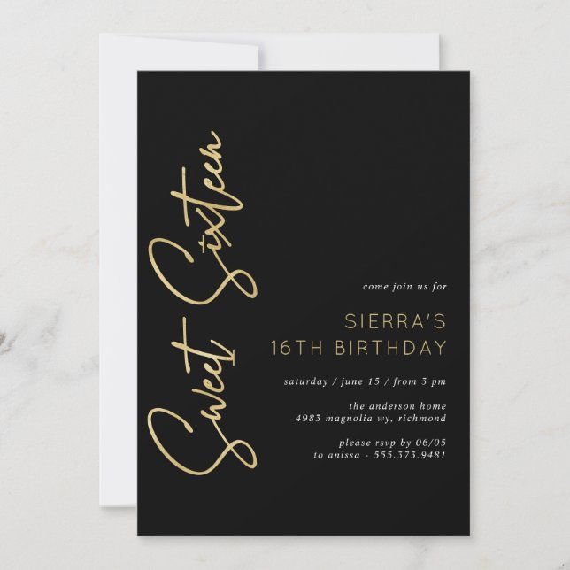 Gold and Black | Modern Sleek Sweet 16 Birthday Invitation (Front)