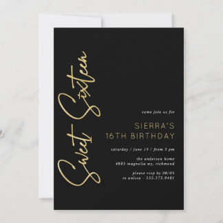 Gold and Black | Modern Sleek Sweet 16 Birthday Invitation