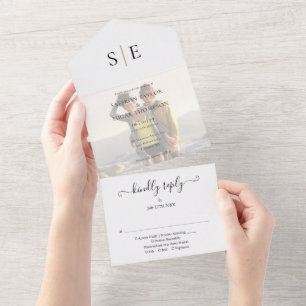 Gold And Black Monogram Photo Wedding All In One Invitation
